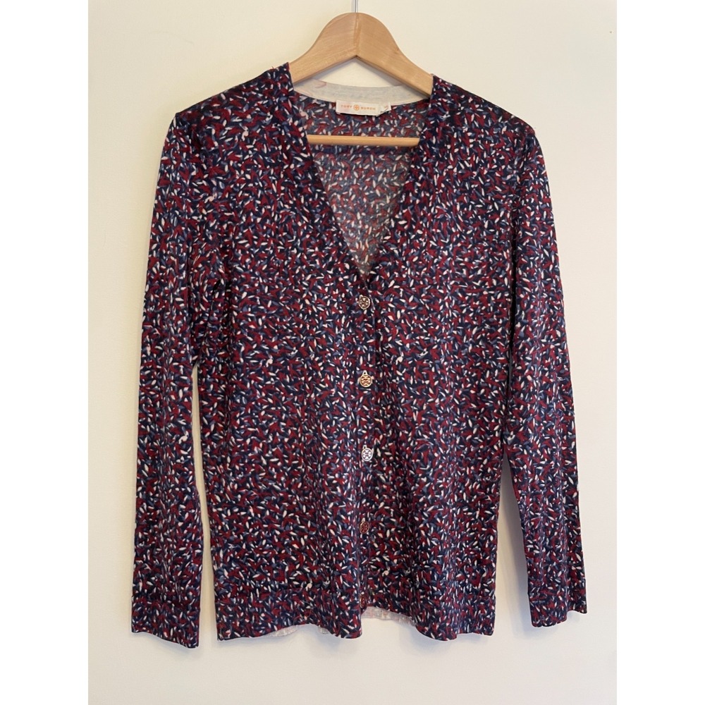 Tory Burch Women Small Cardigan Sweater 100% Wool Patterned Blue Burgundy V-neck